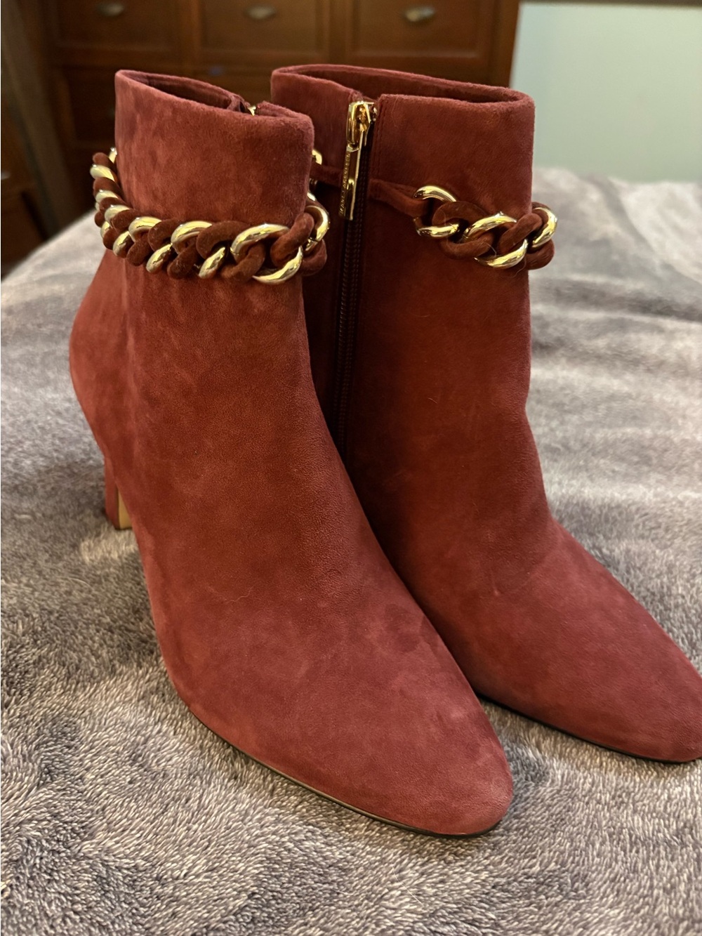 Karl Lagerfeld Paris Maggie Suede Chain Booties - Maroon / Merlot - Size 7
